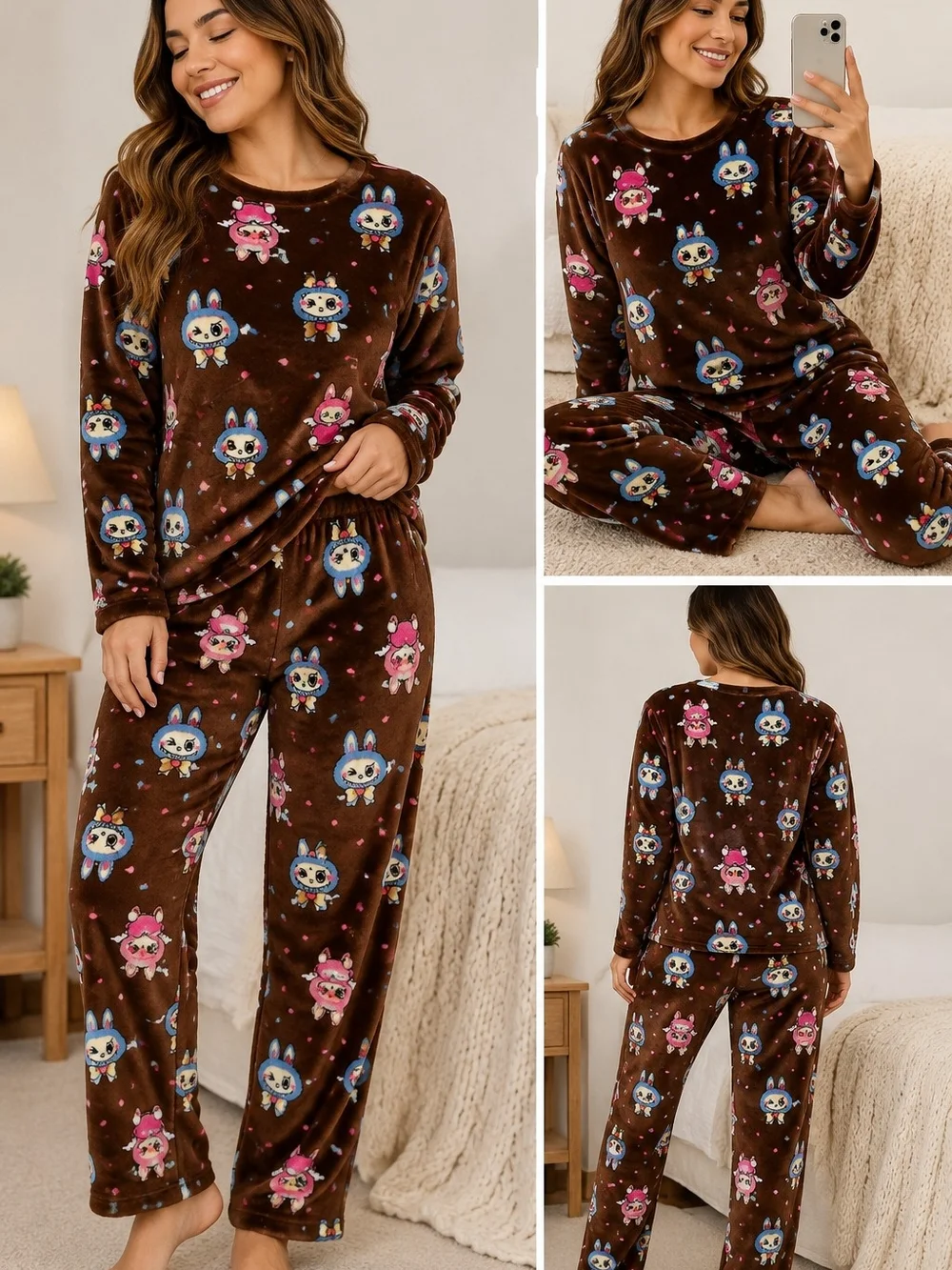 Cozy Brown Plush Pajama Set with Pink & Blue Cartoon Print